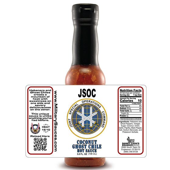 Image presenting the Military Sauces - JSOC - Coconut Ghost Chile Hot Sauce bottle on a white background with a superimposed label, showcasing every aspect of the label design, emphasizing the unique Beer Mustard Wing Sauce tailored for military organizations.
