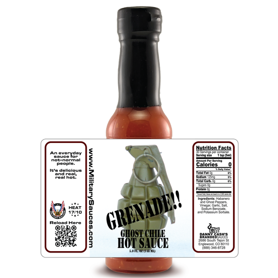 Image presenting the Military Sacues - Grenade - Ghost Chile Hot Sauce bottle on a white background with a superimposed label, showcasing every aspect of the label design, emphasizing the unique Beer Mustard Wing Sauce tailored for military organizations.
