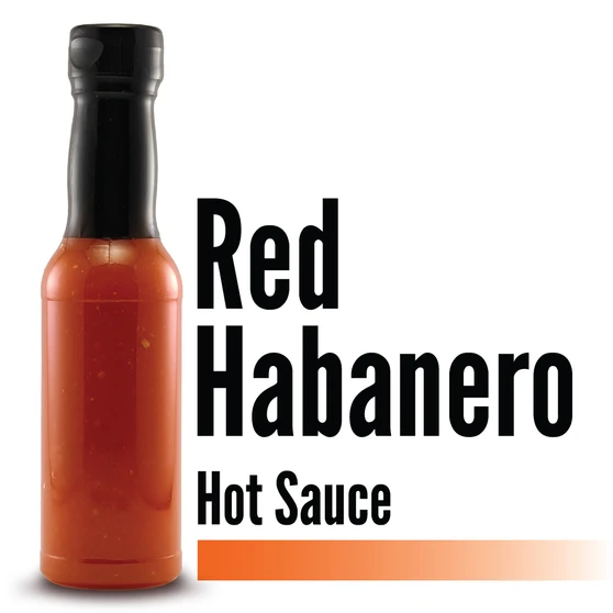 Image displaying the Branded Sauces' Red Habanero Hot Sauce bottle against a white background, showcasing the product's vibrant color and featuring the product name in the image, but without a label.