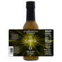 Salvation Sauce Garlic Serrano Hot Sauce bottle showcases its divine label design, featuring rich biblical themes and a prominent Bible verse. The bottle stands boldly against a crisp white background, highlighting every captivating detail.