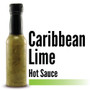 Image displaying the Branded Sauces' Caribbean Lime Hot Sauce bottle against a white background, showcasing the product's vibrant color and featuring the product name in the image, but without a label.