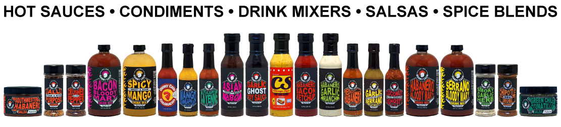 Assorted Danny Cash branded hot sauces, condiments, salsas, drink mixers, and dry spices lineup showcasing a diverse range of products. Around half of the items displayed in a line, illustrating the breadth of our offerings in the Danny Cash brand.