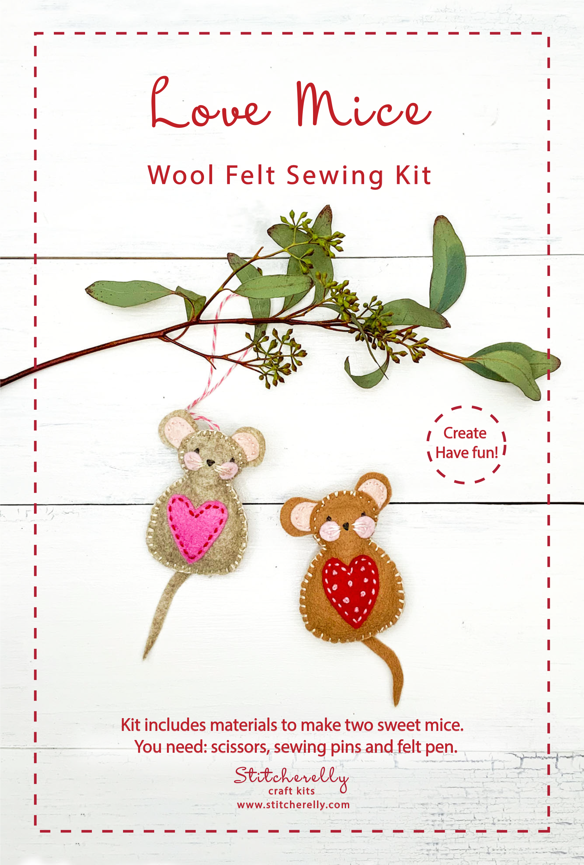 Love Mice Sewing Kit, Sweet lovely felt mice, Valentines sewing kit, California made craft kit, Stitcherelly craft kit, kids craft kit