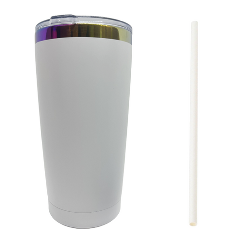 Rainbow Plated White Tumbler with White Plastic Straw Rainbow Plated White Tumbler with White Plastic Straw