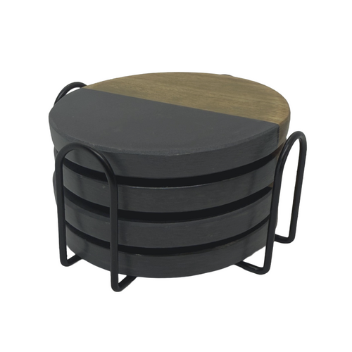 Round Acacia Wood Marble Coaster Set with Wire Holder, Set of 4