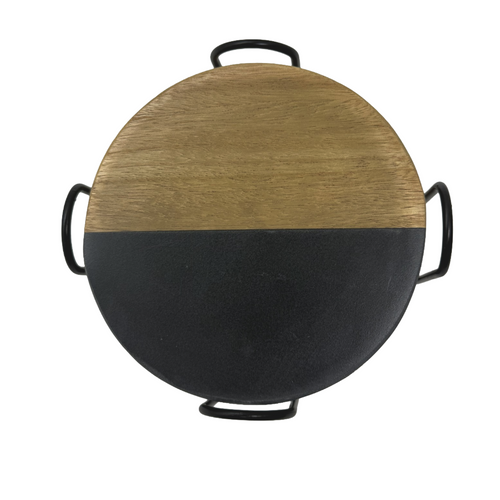 Round Acacia Wood Marble Coaster Set with Wire Holder, Set of 4