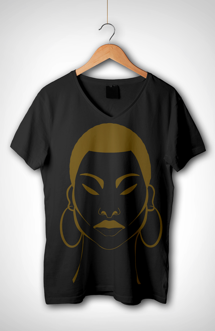 Natural Woman of Color Textured Afro - Short sleeve V Neck t-shirt - Bronze/Black 