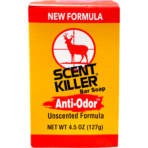 Wildlife Research Scent Killer Bar Soap 4.5 Oz, yellow and red packaging with a deer image and text indicating an unscented, anti-odor formula.