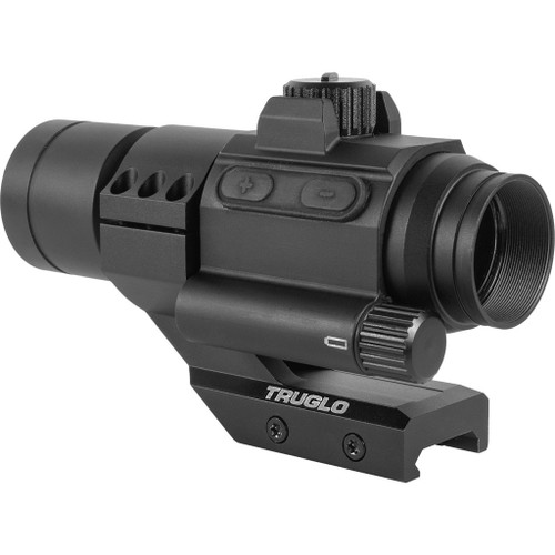 Truglo Ignite Red Dot Sight Black 30mm Cantilever Mount, a compact black sight with adjustment buttons and a mounting base for tactical shooting.