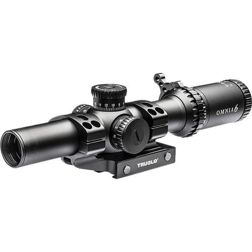 Truglo Omnia Tactical Scope 30mm 1-4x24 IR SP, black riflescope with adjustable turrets and mounting base for precision shooting.