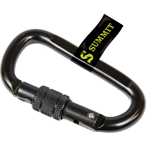 Summit Locking Carabiner 1 Pk, Black metal durable locking carabiner with a knurled locking mechanism and attached black and yellow Summit strap.