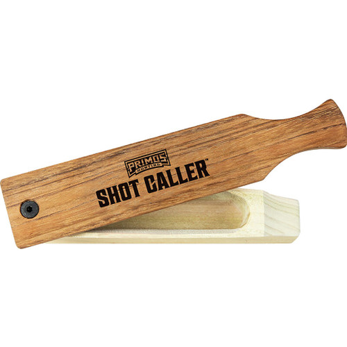 Primos Shot Caller Box Call Turkey Call, wooden turkey call device for hunting with branding text.