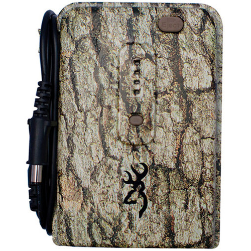 Browning External Battery Pack, camouflage pattern with multiple ports and a power cord attached.