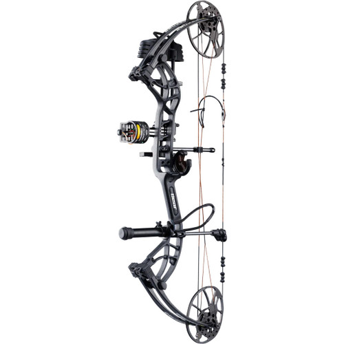 Bear Cruzer G4 Rth Bow Package Black 10-70 Lbs. Rh, modern compound bow with adjustable limbs, cams, and sight for archery hunting and sport shooting.