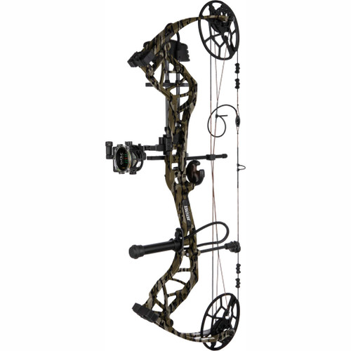 Bear Legit Maxx+ Rth Bow Package Mossy Oak Bottomland 70 Lbs. Rh, compound bow in Mossy Oak Bottomland camouflage pattern with a camo bow riser, string, limbs, and sight, designed for hunting.