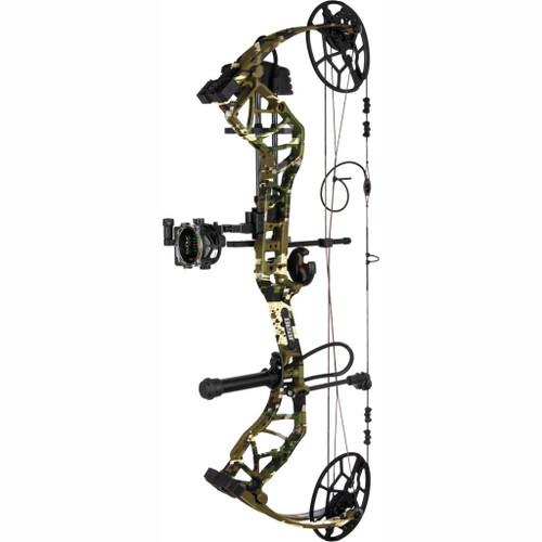 Bear Legit Maxx+ Rth Bow Package Emerge 2.0 70 Lbs. Left Hand, camouflage-patterned compound bow with sight and arrow rest for hunting.