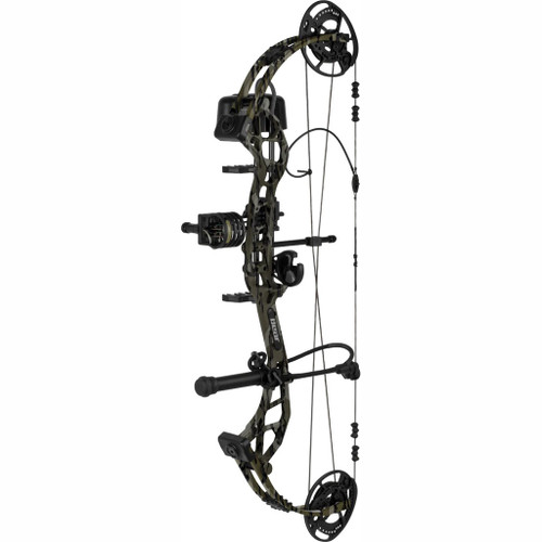 Bear Pristine Rth Bow Package Mossy Oak Bottomland 50 Lbs. Rh, camouflage bow with pulley system and arrow rest.