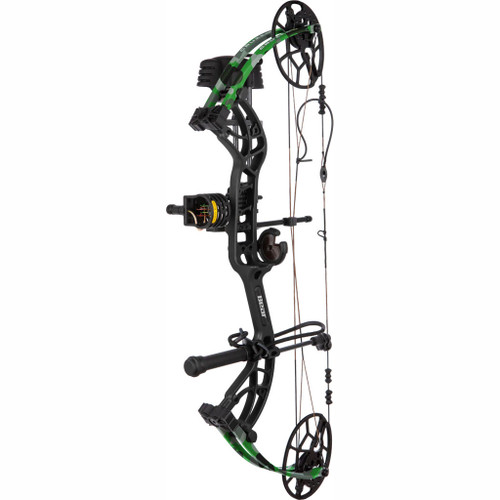 Bear Cruzer G4 Rth Bow Package Black/Fred Bear Electric 70 Lbs. Left Hand, archery bow with complex cable system and wheel pulleys.