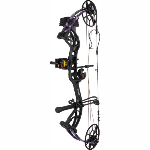 Bear Cruzer G4 Rth Bow Package Black/fred Bear Twilight 70 Lbs. LH, compound bow with black and purple design, adjustable sight, and quiver included.