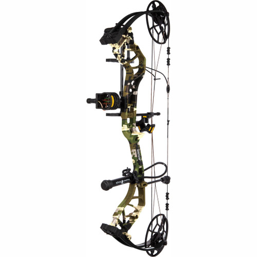 Bear Legit Maxx Rth Bow Package Emerge 2.0/black 70 Lbs. Left Hand, camouflaged modern compound bow with stabilizer and sight