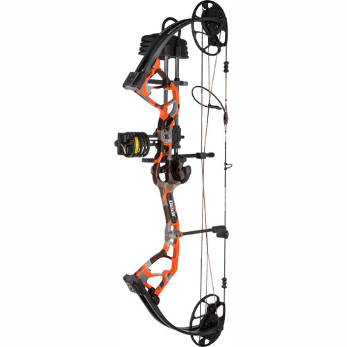 Bear Royale RTH Bow Package Fred Bear Fire/Black, right-handed 50 lbs. compound bow with camo design, adjustable grip, and modern wiring system.