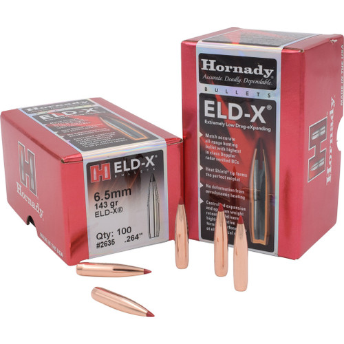 Hornady Eld-x Bullets 6.5mm .264 143 Gr. Eld-x 100 Box, image of copper-colored rifle bullets in and around their red packaging box.