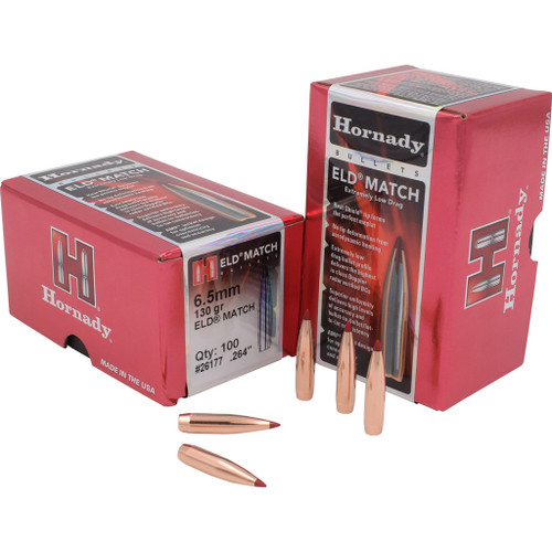 Hornady Eld Match Bullets 6.5mm .264 130 Gr. Eld Match 100 Box, packaged copper-colored rifle bullets with a pointed tip, displayed alongside boxes of the same product.