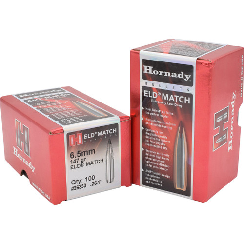 Hornady Eld Match Bullets 6.5mm .264 147 Gr. Eld Match 100 Box, packaged in a red box with detailed product information.
