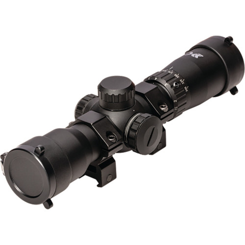 Bear X Speed Comp Crossbow Scope Illuminated Reticle, black aiming scope with adjustable dials and illuminated reticle for precision targeting.