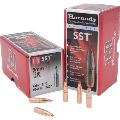 Hornady SST Bullets, 6mm .243 95 Gr. SST, 100-Pack box with copper-colored bullets and packaging featuring product details.