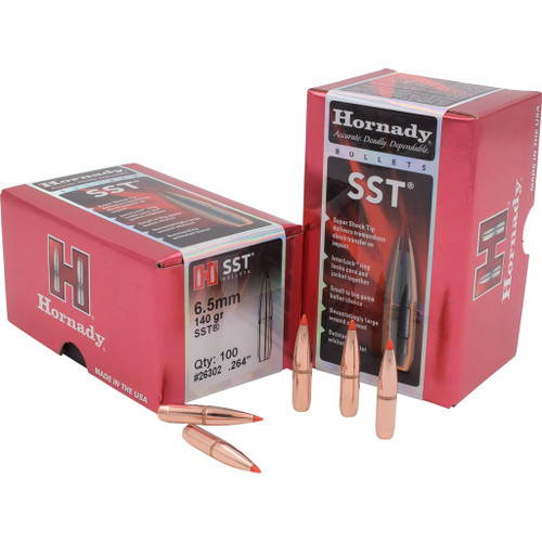 Hornady SST Bullets 6.5mm .264 140 Gr. SST, 100 Box, box of copper-colored rifle bullets with packaging showing product details.
