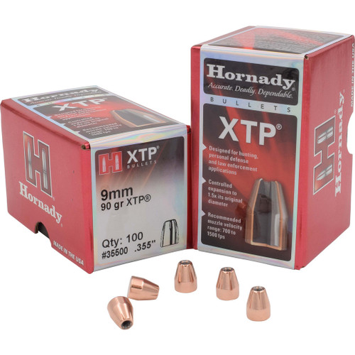 Hornady Traditional Pistol Bullets 9mm .355 90 Gr. Xtp 100 Box, image showing a box of 100 cá bullet projectiles with a few bullets in front of the box.