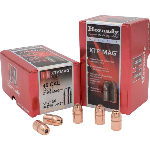 Hornady Traditional Pistol Bullets 45 Cal. .452 300 Gr. Xtp Mag. 50 Box, image showing a box of copper-colored pistol bullets along with four bullets placed in front of the box.