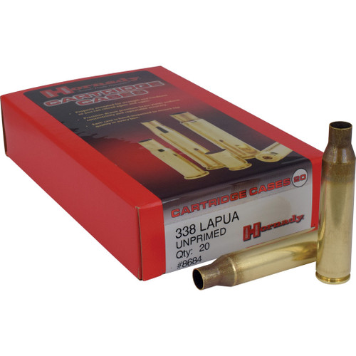 Hornady Rifle Cartridge Cases 338 Lapua Mag, unprimed, 20 pack with two brass cases next to the box.