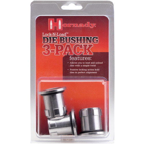 Hornady Lock-n-load Die Bushing 3 Pk., image showing a pack of three metallic die bushings in their original packaging.