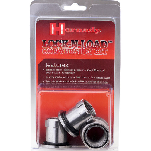 Hornady Lock-n-Load Conversion Kit, metal reloading press accessory enclosed in clear plastic packaging with red background and product details.