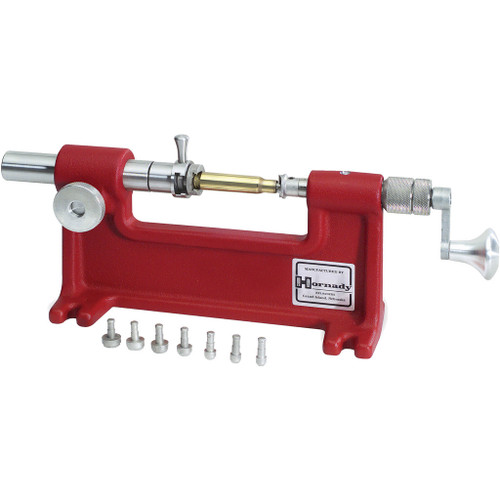 Hornady Cam Lock Trimmer, a precision reloading tool with a red base, metal components, and a black handle for trimming cartridge cases.