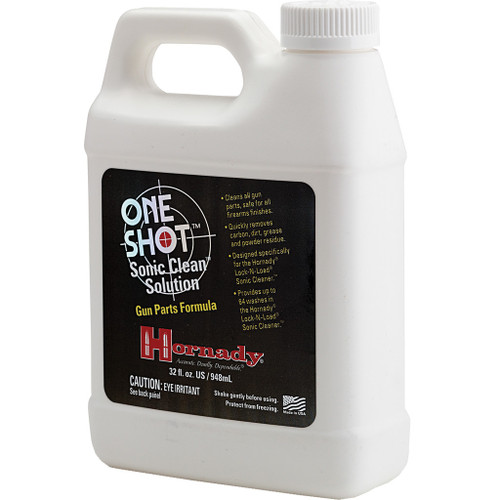 Hornady Lock-n-Load Sonic Gun Cleaning Solution Quart, white plastic bottle with black label and white cap for cleaning gun parts.