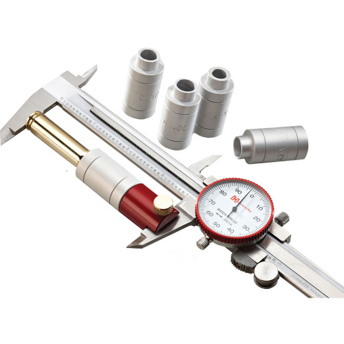 Hornady Lock-n-load Headspace Kit With Body, a precision rifle reloading tool with metal components including a dial caliper, and headspace measurement inserts for firearm cartridge setup.