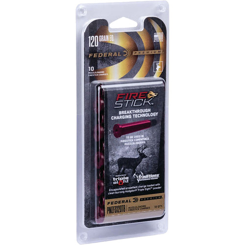Federal Firestick Triple 8 Propellant, 120 Gr. 10 Pack, encased in plastic packaging with label showing product details and usage for muzzleloader firing.