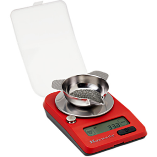 Hornady G3-1500 Digital Scale, red electronic precision weighing scale with stainless steel weighing pan and digital display.