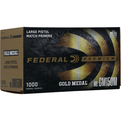 Federal Premium Gold Medal Pistol Primers Large 1000 Ct, packaging box with black and gold design showcasing the product name and specifications.