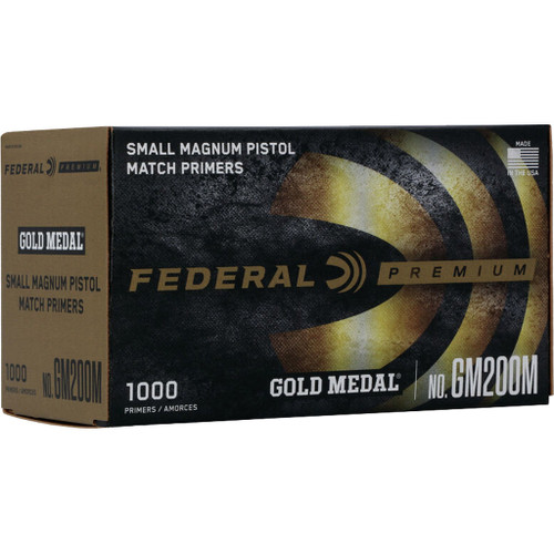 Federal Premium Gold Medal Pistol Primers Small Mag 1000 Ct, box of small magnum pistol match primers.