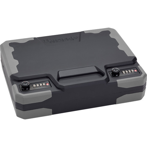 Hornady Treklite Lock Box XXL With TSA Combination Lock, black and gray lock box with combination dials for secure storage while traveling.