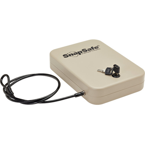 Hornady Snapsafe Lock Box XL Grey With Key Lock, secure grey lock box with key and cable lock for safekeeping valuables.