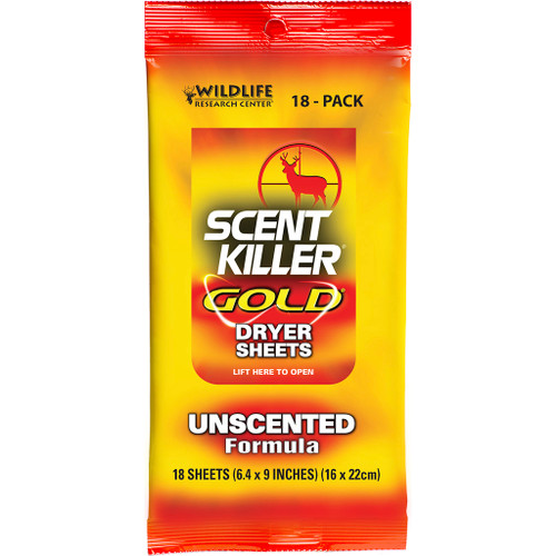 Wildlife Research Scent Killer Dryer Sheets Gold 18 Pack, unscented formula in a bright yellow and red packaging with a red deer logo and bold text.