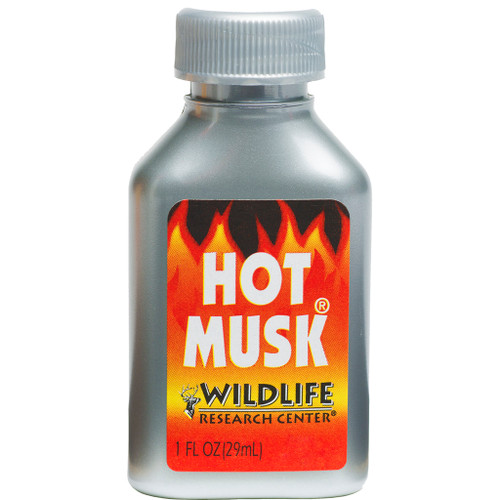 Wildlife Research Hot Musk Deer Lure 1 Oz, silver bottle with red and orange label featuring flames and a deer logo.