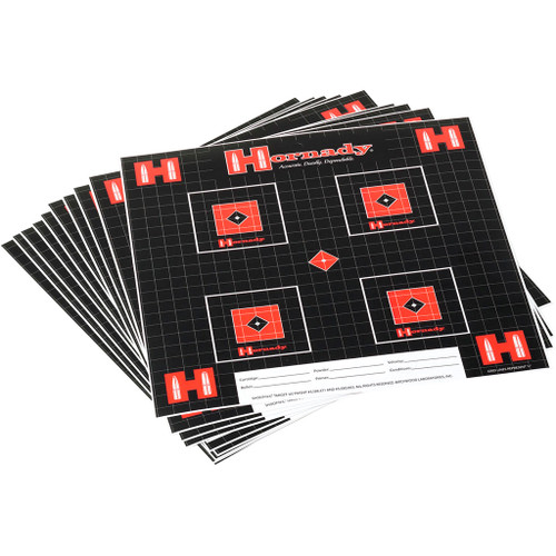 Hornady Lock-n-load Target 10 Pack, set of black and red shooting targets with grid lines and bullseye marking.