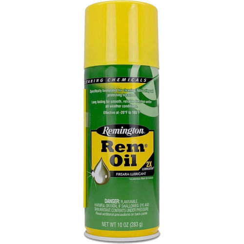 Remington Rem Oil 10 Oz, green and yellow aerosol can of firearm lubricant with a yellow cap, ideal for cleaning, lubricating, and protecting firearms.