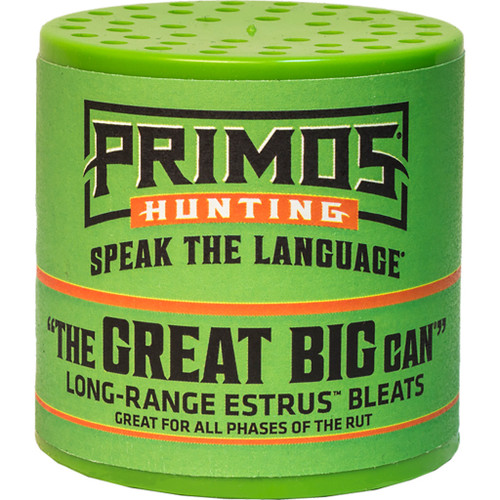 Primos The Can Call, green cylindrical hunting call with multiple holes on the top for sound projection.